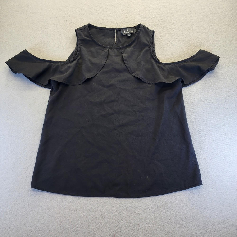 Lulus Black Cold Shoulder Ruffle‎ Blouse Keyhole Back Top Womens Size Small S